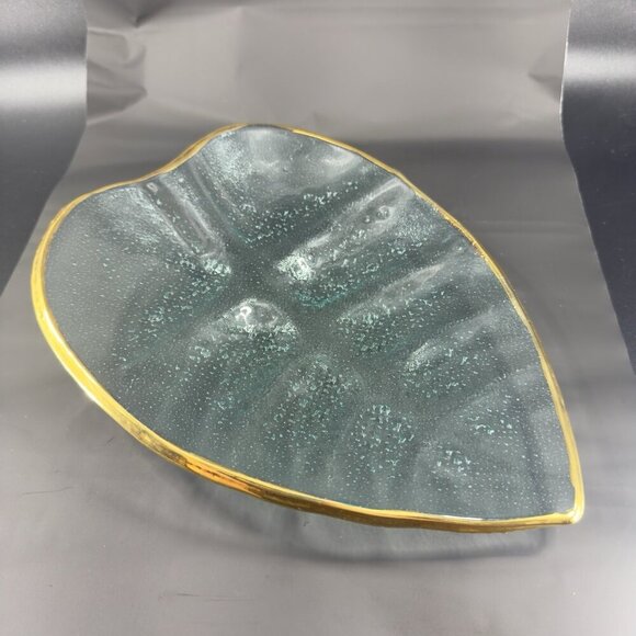 Vintage Clear Recycle Glass Dish Plate Platter Leaf Shaped With Gold Edges Glass - Picture 11 of 14